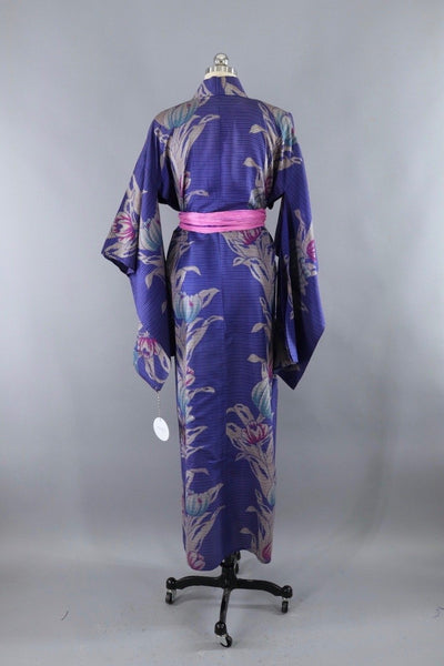 Vintage Kimono Robe / Blue Purple Floral Print / 1930s 1940s - ThisBlueBird