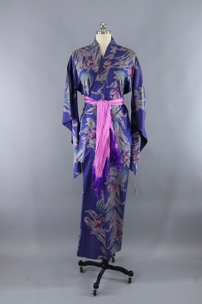 Vintage Kimono Robe / Blue Purple Floral Print / 1930s 1940s - ThisBlueBird