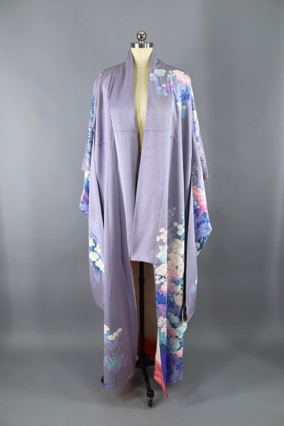 Vintage Kimono Robe Furisode / Lavender Purple Floral Print - ThisBlueBird