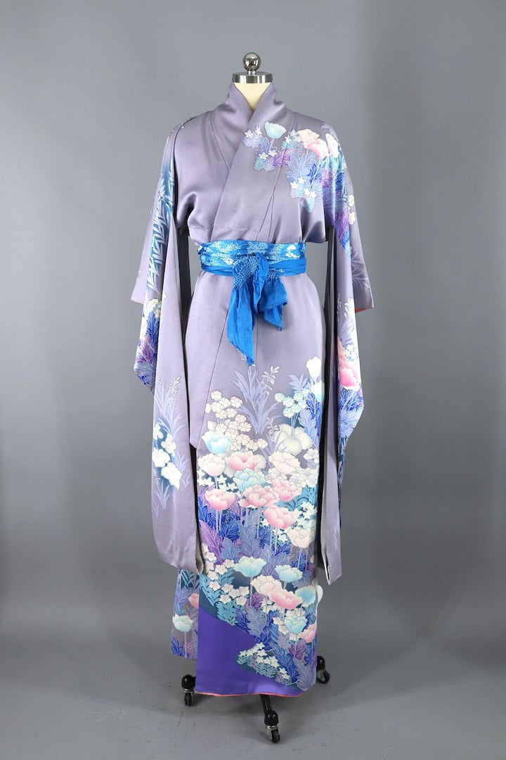 Kimono Vintage Violet Lilas - Motif Cigogne Et Fleur De Cerisier - Occasion Très Bon État