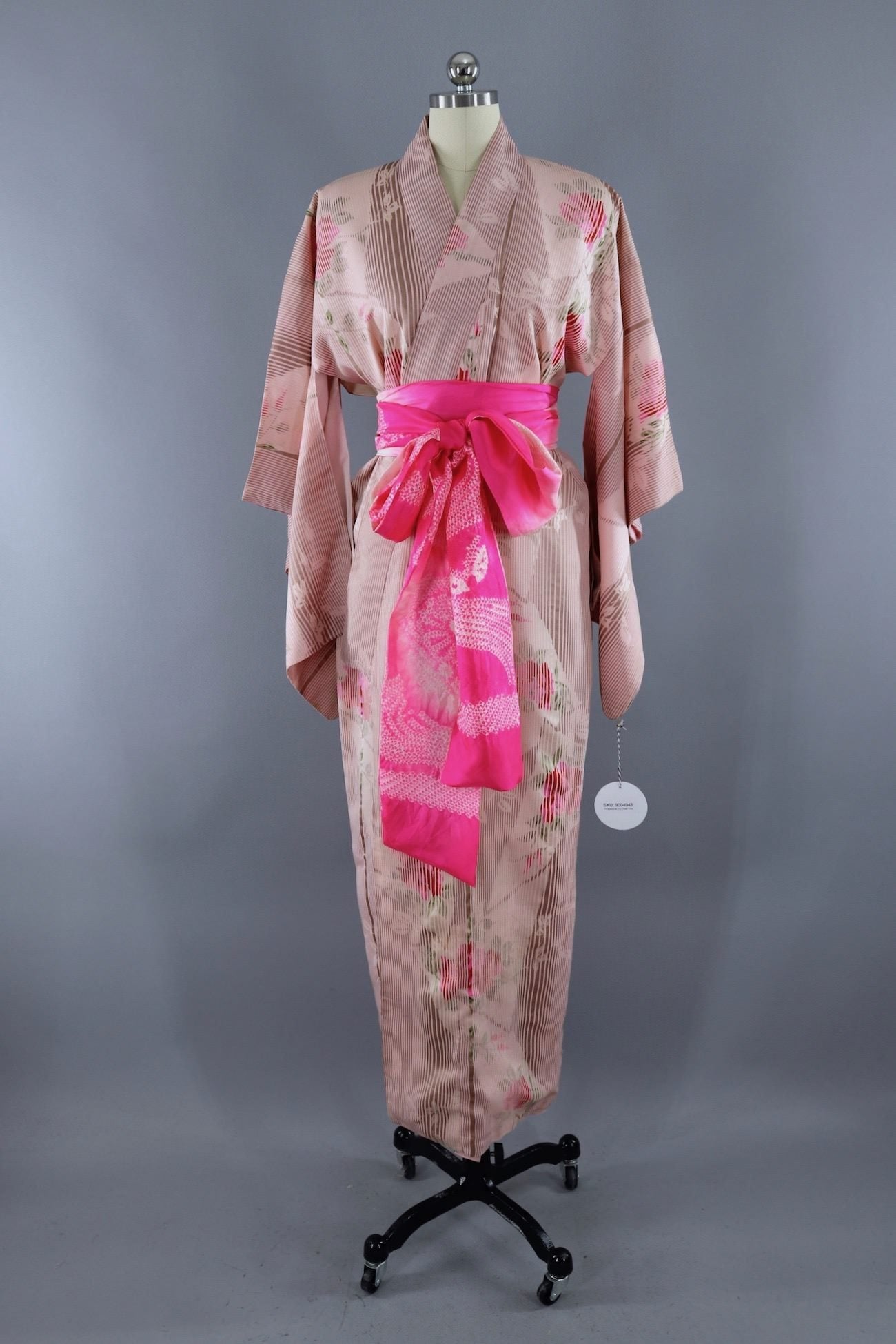 Vintage Kimono Robe / Pink Floral Stripes - ThisBlueBird