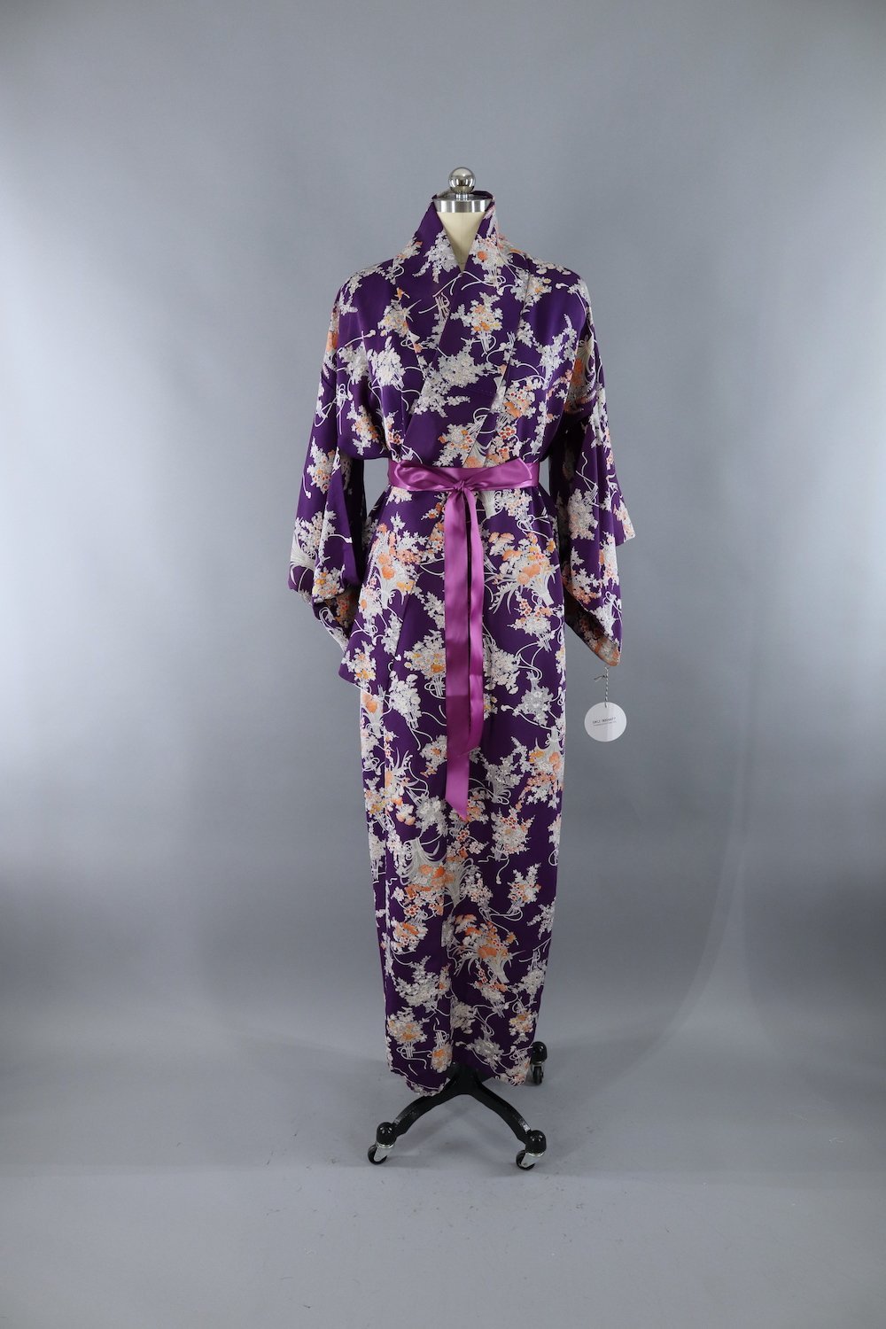 Vintage Kimono Robe / Purple & Orange Bouquets Floral Print - ThisBlueBird