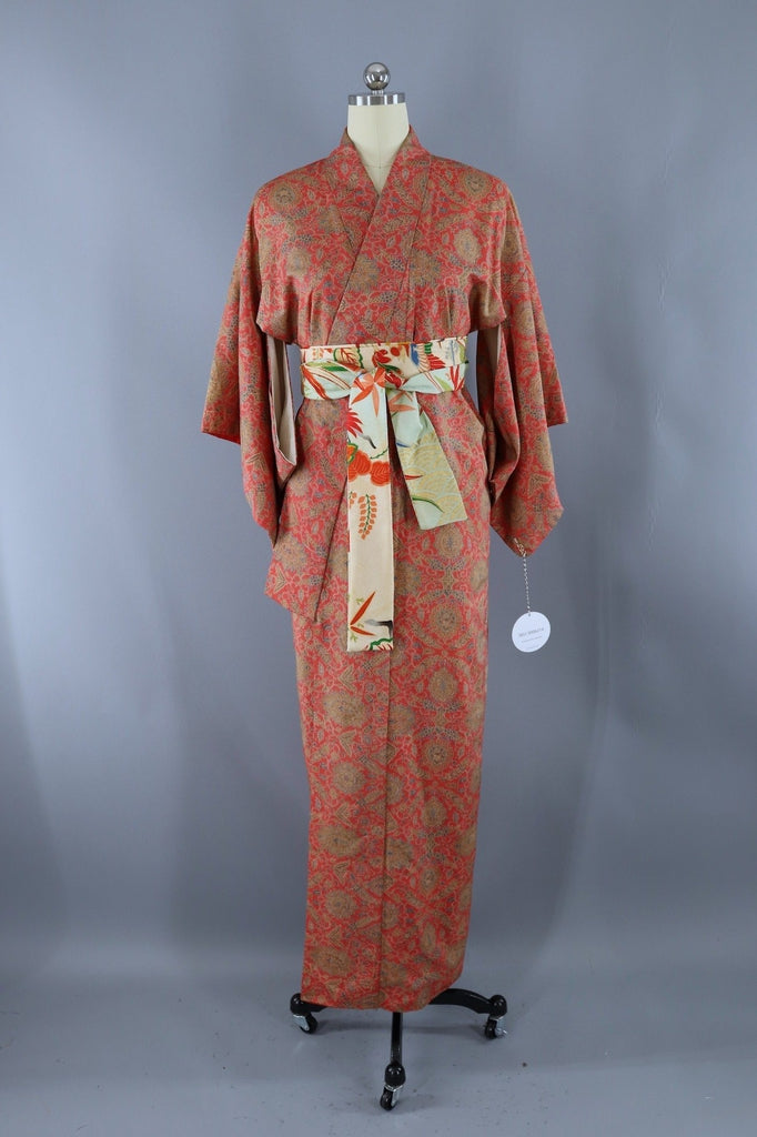 Vintage Kimono Robe / Red Arabesque Floral-ThisBlueBird - Modern Vintage