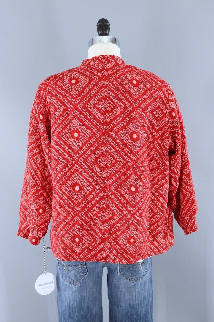 Vintage Kimono Silk Shirt Jacket / Red and White Shibori-ThisBlueBird - Modern Vintage
