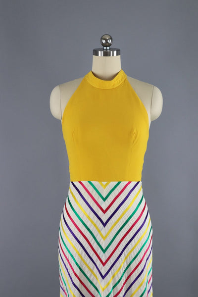Vintage Lanz Yellow Rainbow Stripe Halter Dress - ThisBlueBird