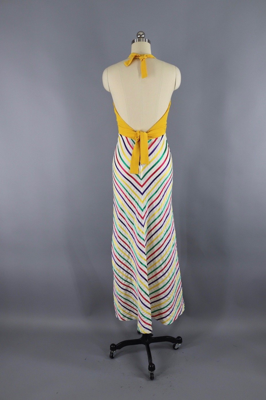 Vintage Lanz Yellow Rainbow Stripe Halter Dress - ThisBlueBird