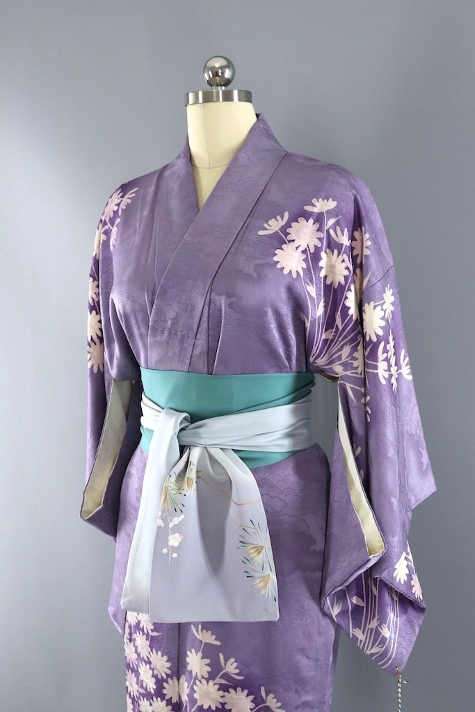 Vintage Lavender Floral Silk Kimono Robe-ThisBlueBird - Modern Vintage