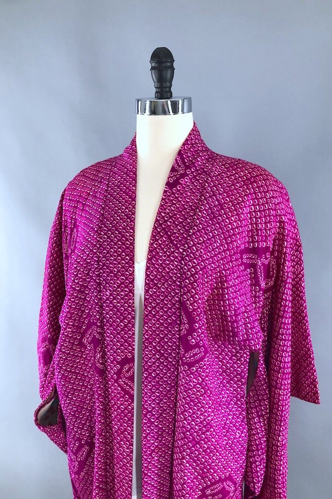 Vintage Magenta Shibori Silk Kimono Cardigan-ThisBlueBird - Modern Vintage