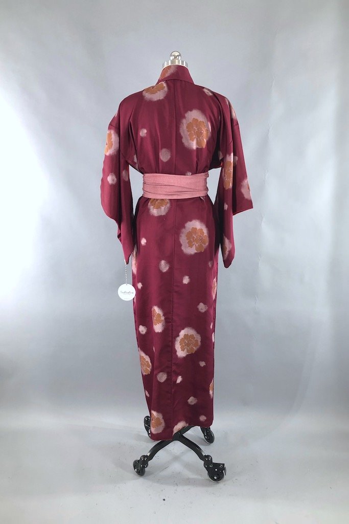 Vintage Maroon Gold Peony Floral Silk Kimono Robe-ThisBlueBird - Modern Vintage