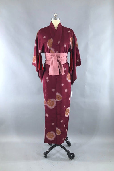 Vintage Maroon Gold Peony Floral Silk Kimono Robe-ThisBlueBird - Modern Vintage