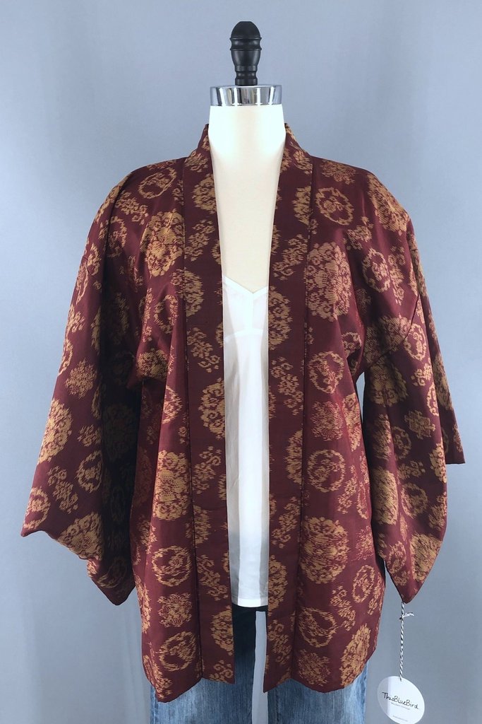 Vintage Maroon Ikat Silk Kimono Cardigan-ThisBlueBird - Modern Vintage