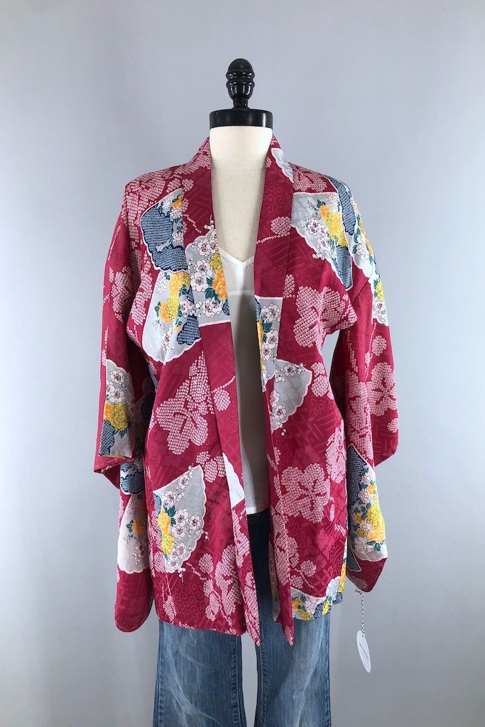 Vintage Maroon Shibori Silk Kimono Cardigan-ThisBlueBird - Modern Vintage