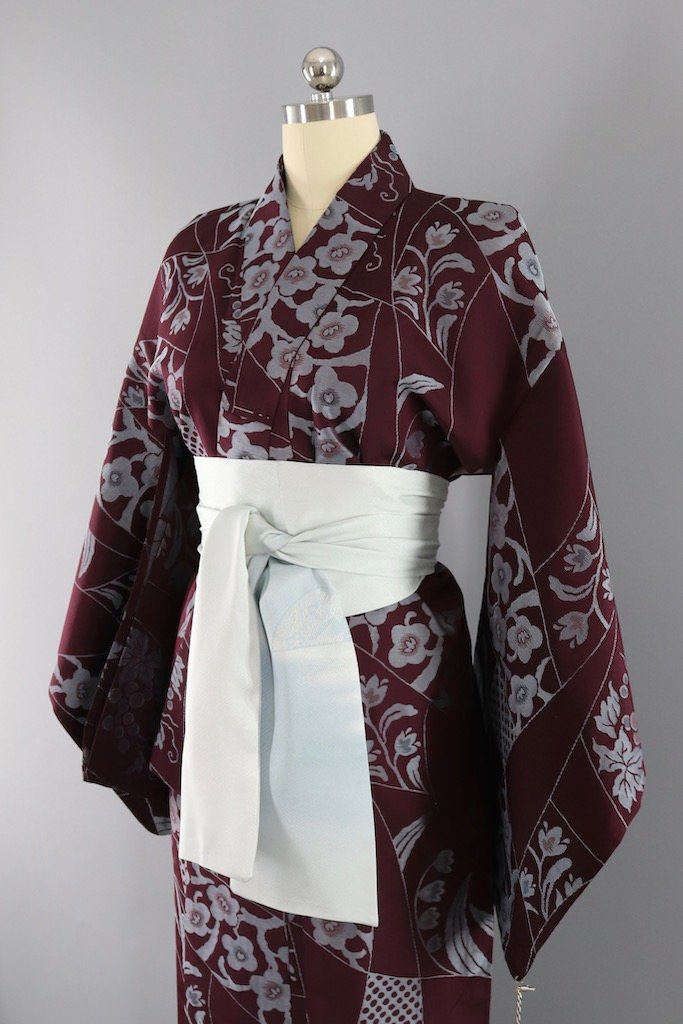 Vintage Maroon &amp; Silver Silk Kimono Robe-ThisBlueBird - Modern Vintage