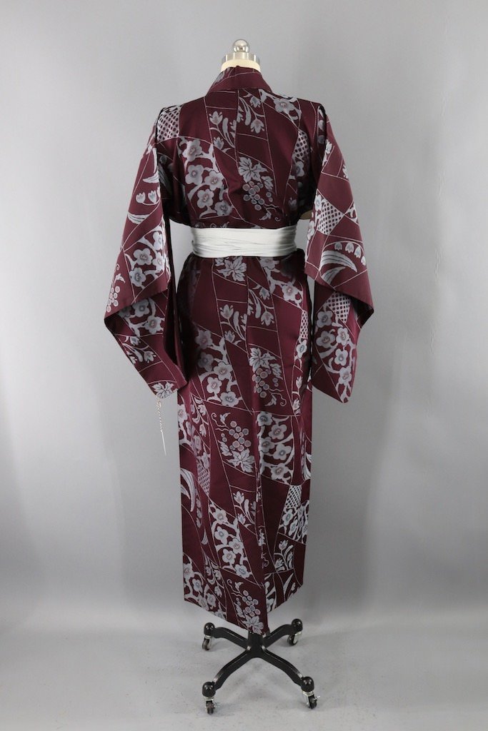 Vintage Maroon &amp; Silver Silk Kimono Robe-ThisBlueBird - Modern Vintage