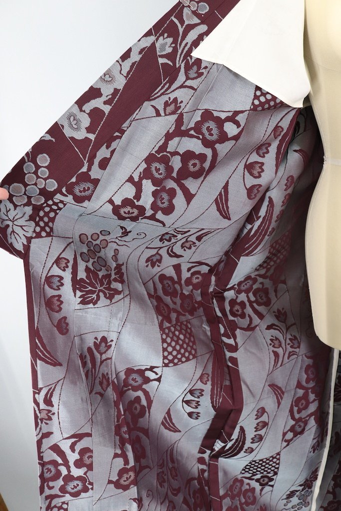 Vintage Maroon &amp; Silver Silk Kimono Robe-ThisBlueBird - Modern Vintage