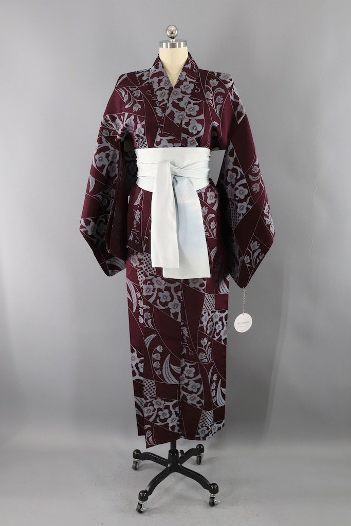 Vintage Maroon &amp; Silver Silk Kimono Robe-ThisBlueBird - Modern Vintage
