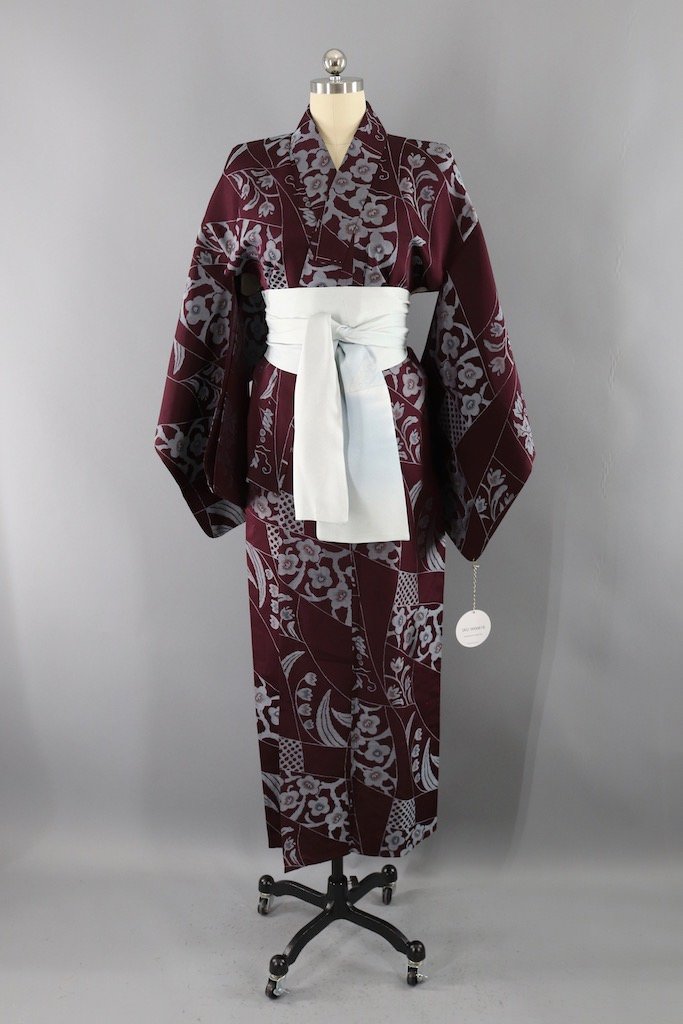 Vintage Maroon & Silver Silk Kimono Robe-ThisBlueBird - Modern Vintage