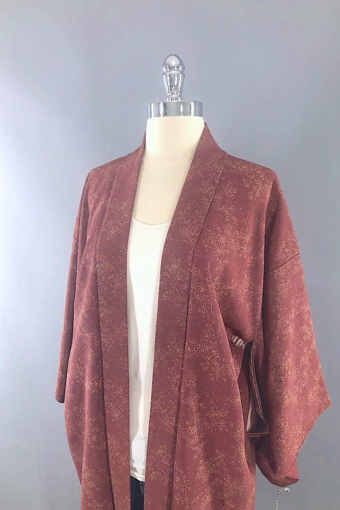 Vintage Mauve Leaves Silk Kimono Cardigan-ThisBlueBird - Modern Vintage