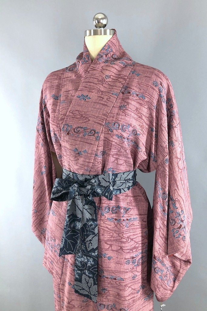 Vintage Mauve Pink & Blue Silk Kimono Robe-ThisBlueBird - Modern Vintage