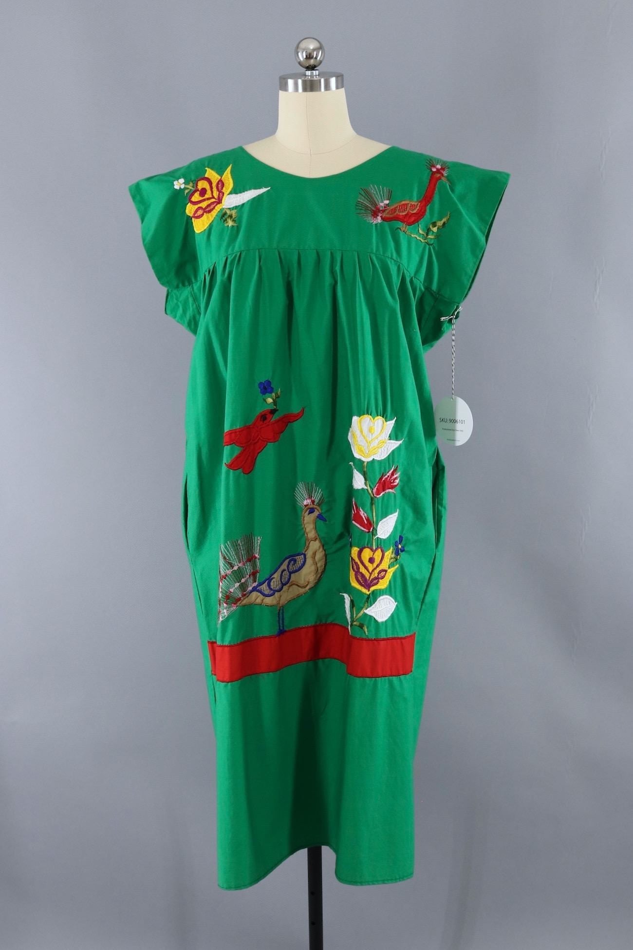 Vintage Mexican Applique Dress / Green Peacocks-ThisBlueBird - Modern Vintage