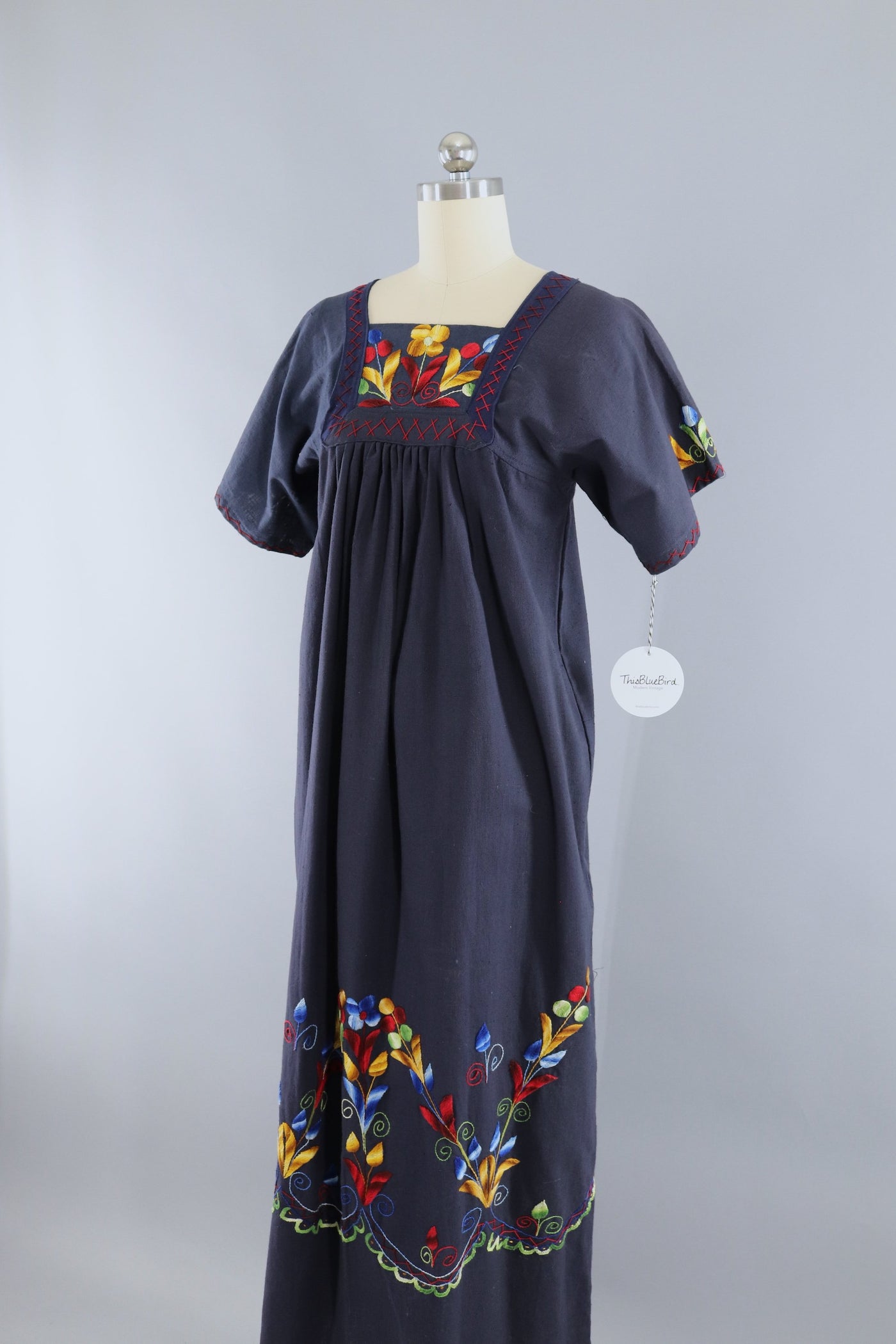 Vintage Mexican Caftan Dress / Navy Blue Floral Embroidery - ThisBlueBird