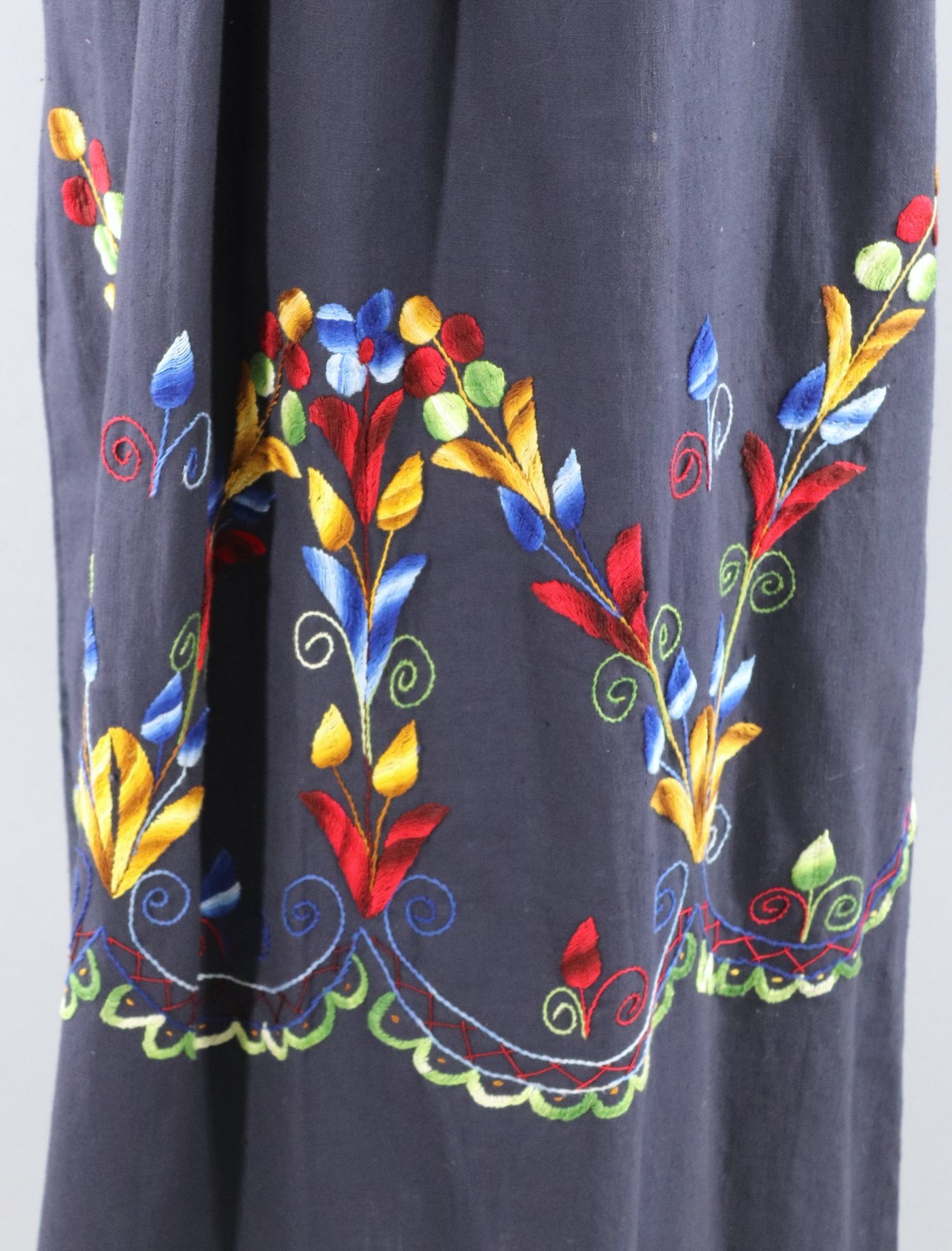 Vintage Mexican Caftan Dress / Navy Blue Floral Embroidery - ThisBlueBird