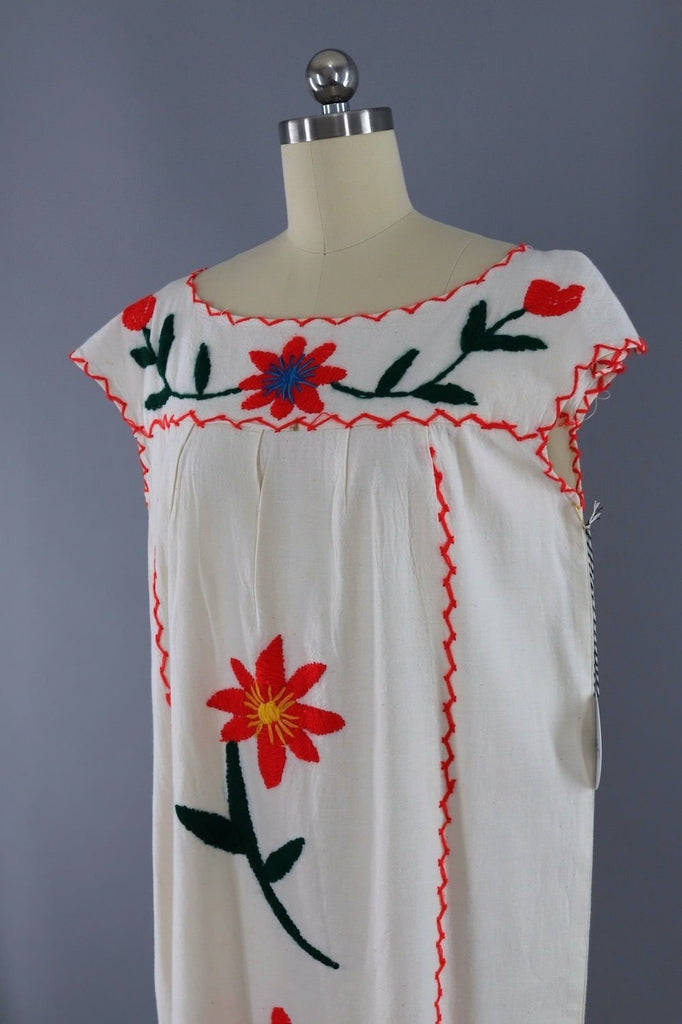 Vintage Mexican Cotton Caftan / Red Embroidered Flowers-ThisBlueBird - Modern Vintage