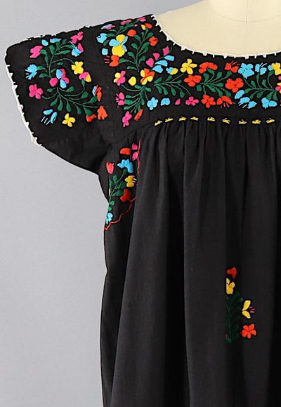 Vintage Mexican Dress / Oaxacan Embroidered Caftan / Black Cotton Huipil - ThisBlueBird