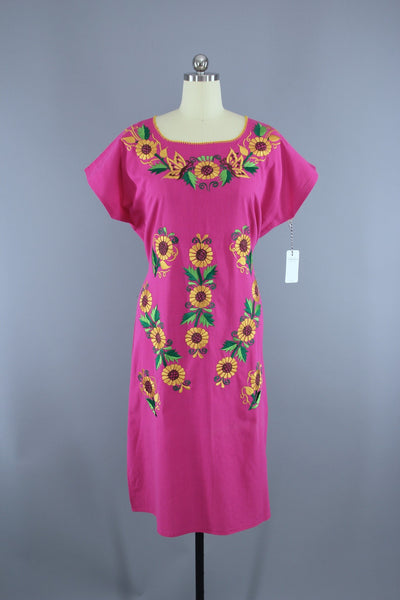 Vintage Mexican Dress / Pink Sunflower Floral Embroidery - ThisBlueBird