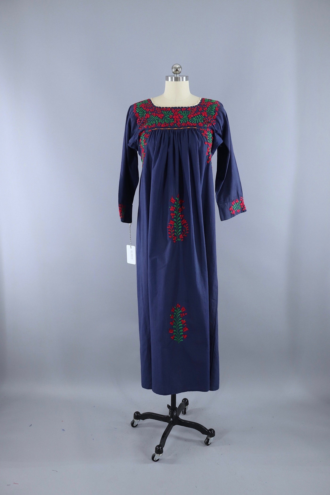 Vintage Mexican Oaxacan Embroidered Caftan Dress / Navy Blue Cotton - ThisBlueBird
