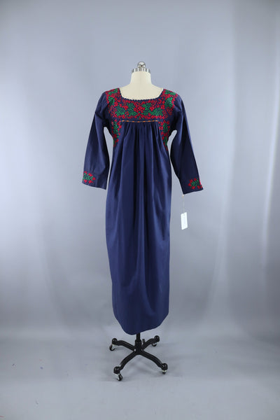 Vintage Mexican Oaxacan Embroidered Caftan Dress / Navy Blue Cotton - ThisBlueBird