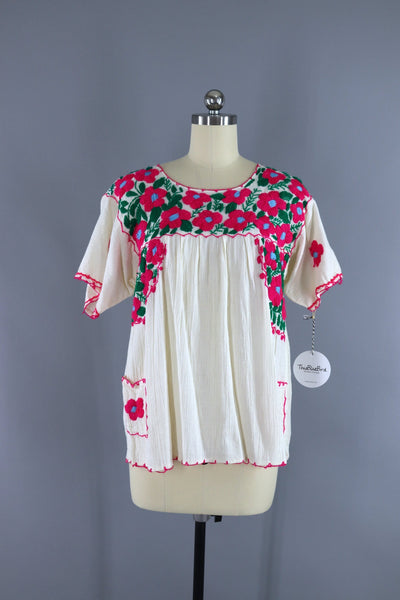 Vintage Mexican Oaxacan Huipil Embroidered Blouse / Off White & Pink Floral Embroidery - ThisBlueBird