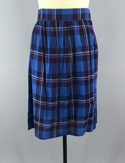 Vintage Midi Skirt / Bright Blue Plaid Cotton / 1950s - ThisBlueBird