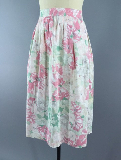 Vintage Midi Skirt / Pastel Pink Floral Print - ThisBlueBird
