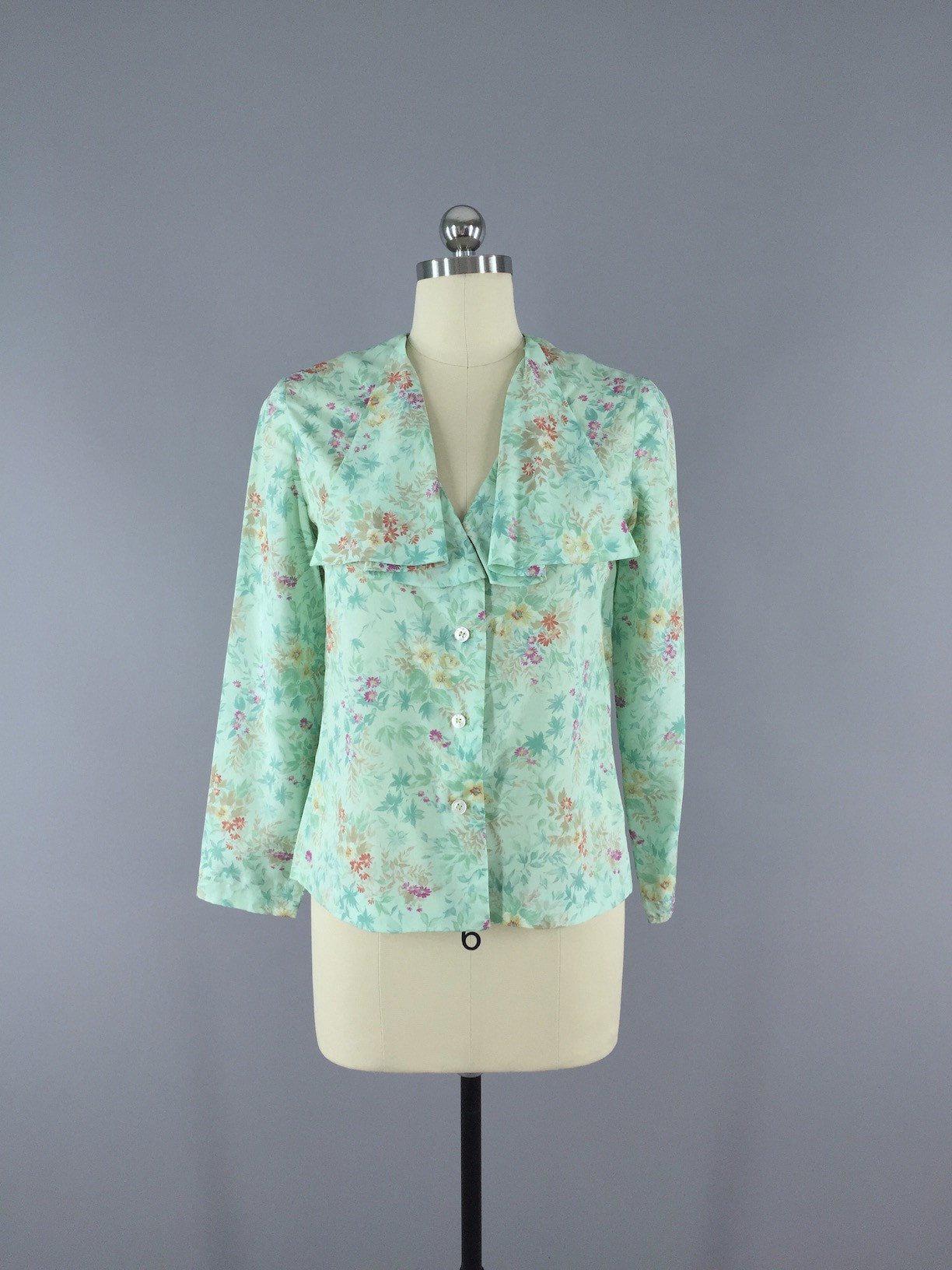 Vintage Mint Green Floral Blouse - ThisBlueBird
