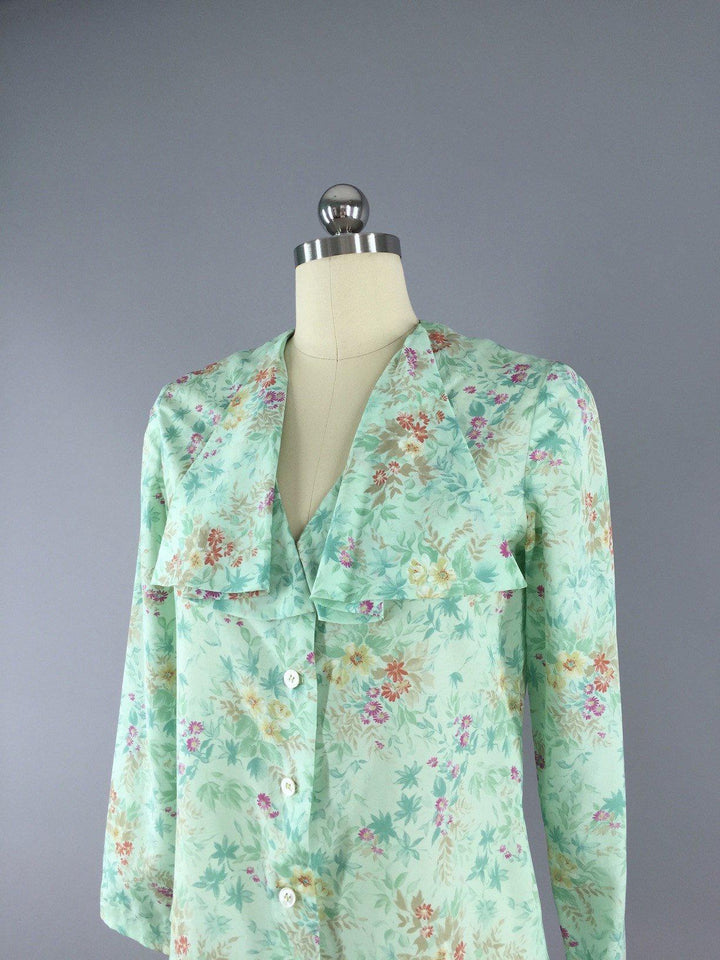 Vintage Mint Green Floral Blouse - ThisBlueBird