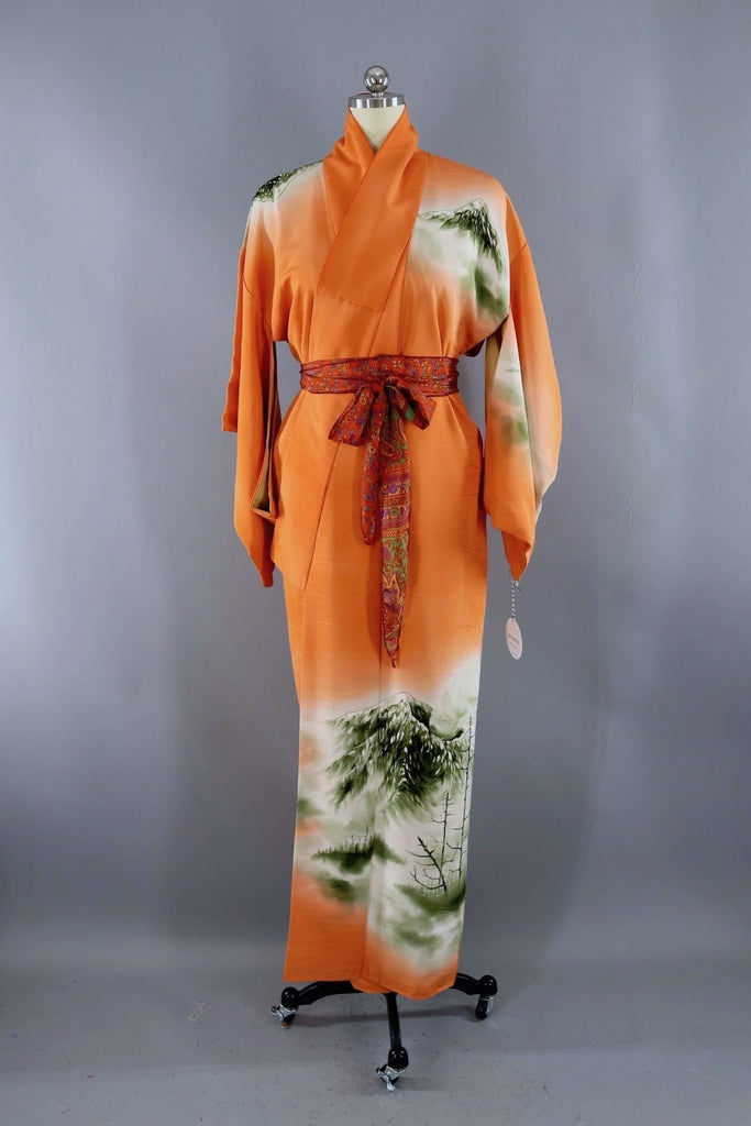 Vintage Mt. Fuji Orange Silk Kimono Robe-ThisBlueBird - Modern Vintage