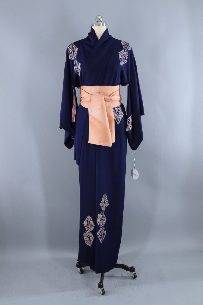 Vintage Navy Batik Silk Kimono Robe-ThisBlueBird - Modern Vintage