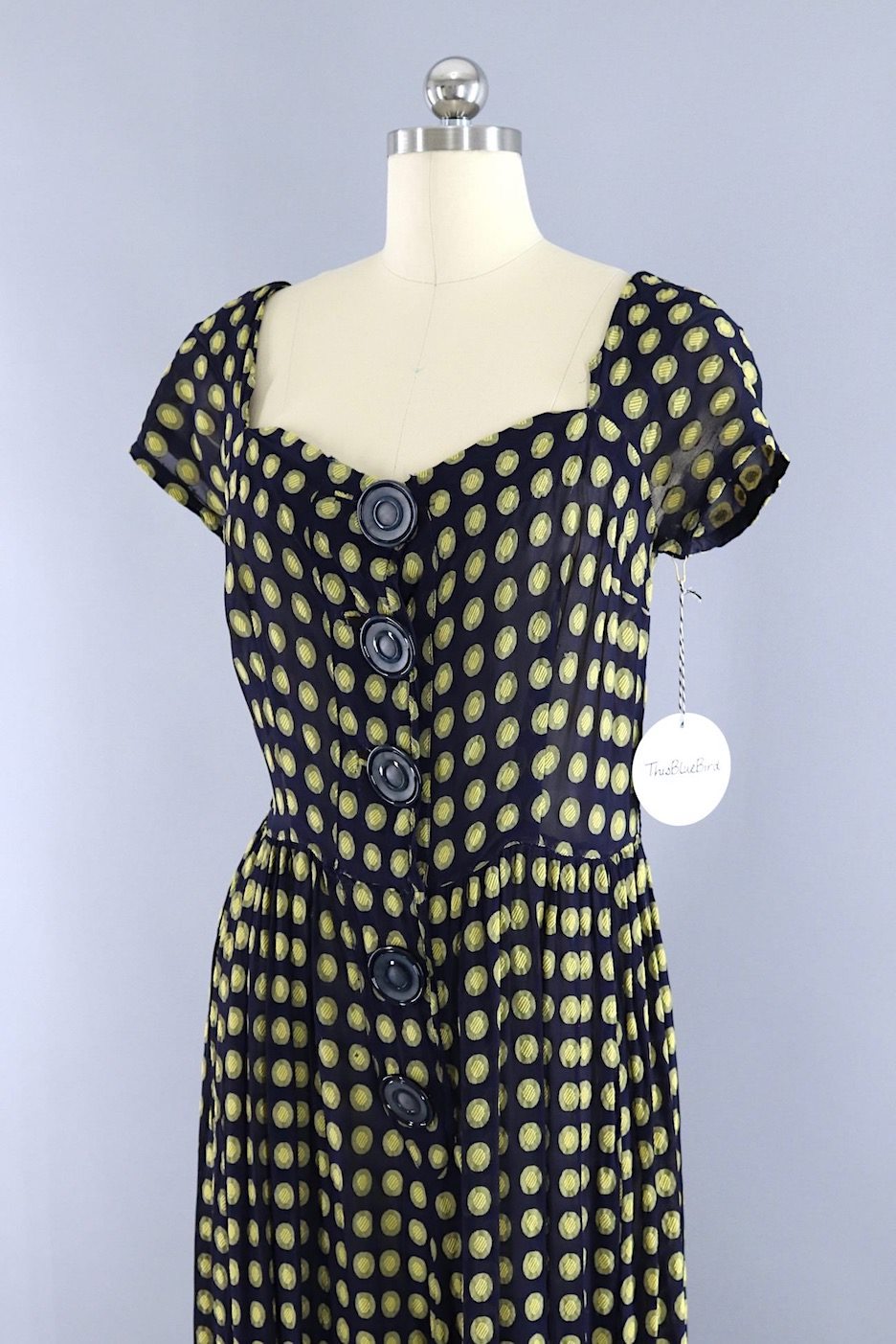 Vintage Navy Blue and Yellow Polka Dot Day Dress - ThisBlueBird