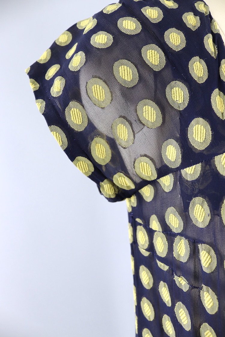 Vintage Navy Blue and Yellow Polka Dot Day Dress - ThisBlueBird