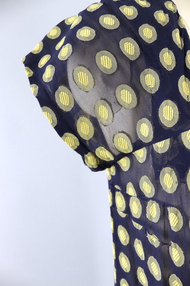 Vintage Navy Blue and Yellow Polka Dot Day Dress - ThisBlueBird