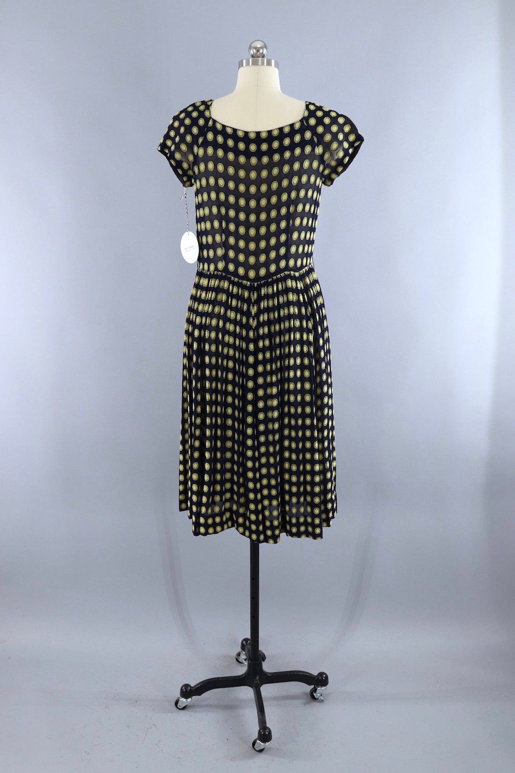Vintage Navy Blue and Yellow Polka Dot Day Dress - ThisBlueBird