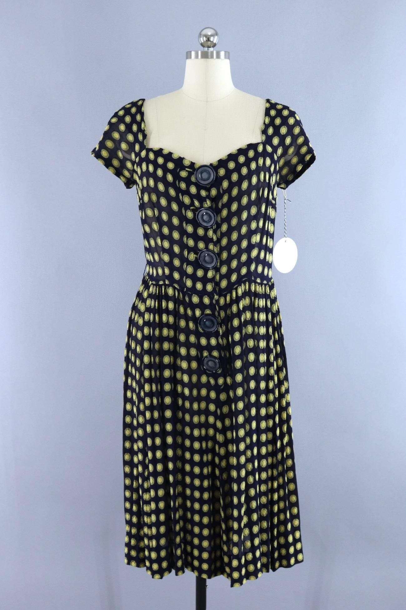 Vintage Navy Blue and Yellow Polka Dot Day Dress - ThisBlueBird