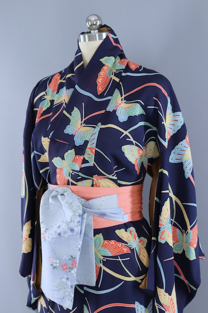 Vintage Navy Blue Butterflies Kimono Robe ThisBlueBird