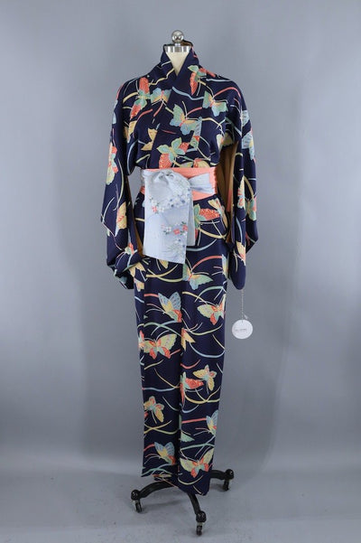 Vintage Navy Blue Butterflies Kimono Robe ThisBlueBird