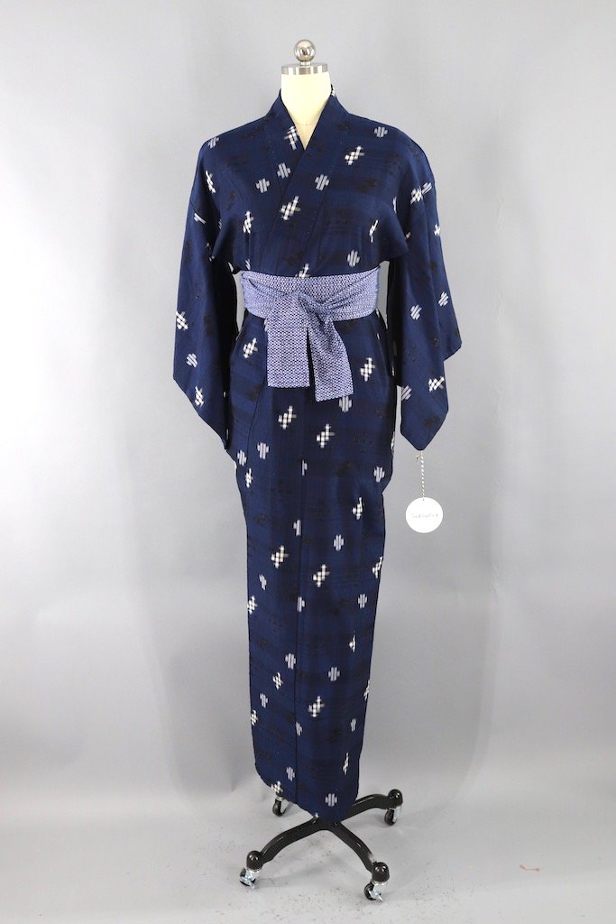 Vintage Navy Blue Cotton Kimono Robe-ThisBlueBird - Modern Vintage