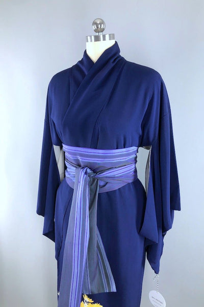 Vintage Navy Blue Daisies Silk Kimono Robe-ThisBlueBird - Modern Vintage