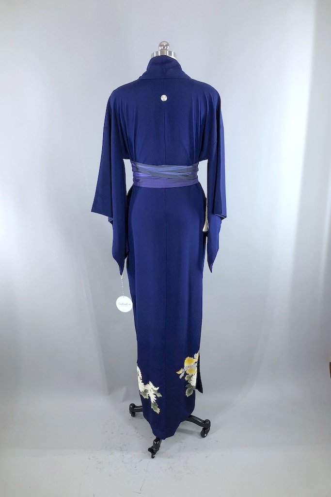 Vintage Navy Blue Daisies Silk Kimono Robe-ThisBlueBird - Modern Vintage