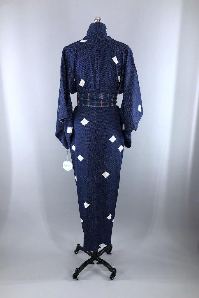 Vintage Navy Blue Dotted Floral Silk Kimono Robe-ThisBlueBird - Modern Vintage