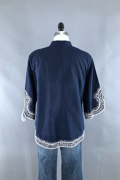 Vintage Navy Blue Embroidered Blouse-ThisBlueBird - Modern Vintage